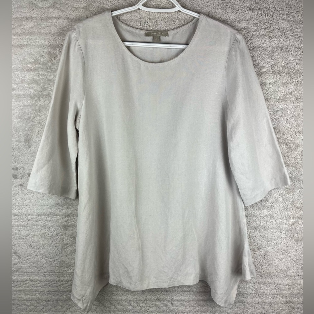 JOAN VASS Linen Tunic Light Gray Top Medium